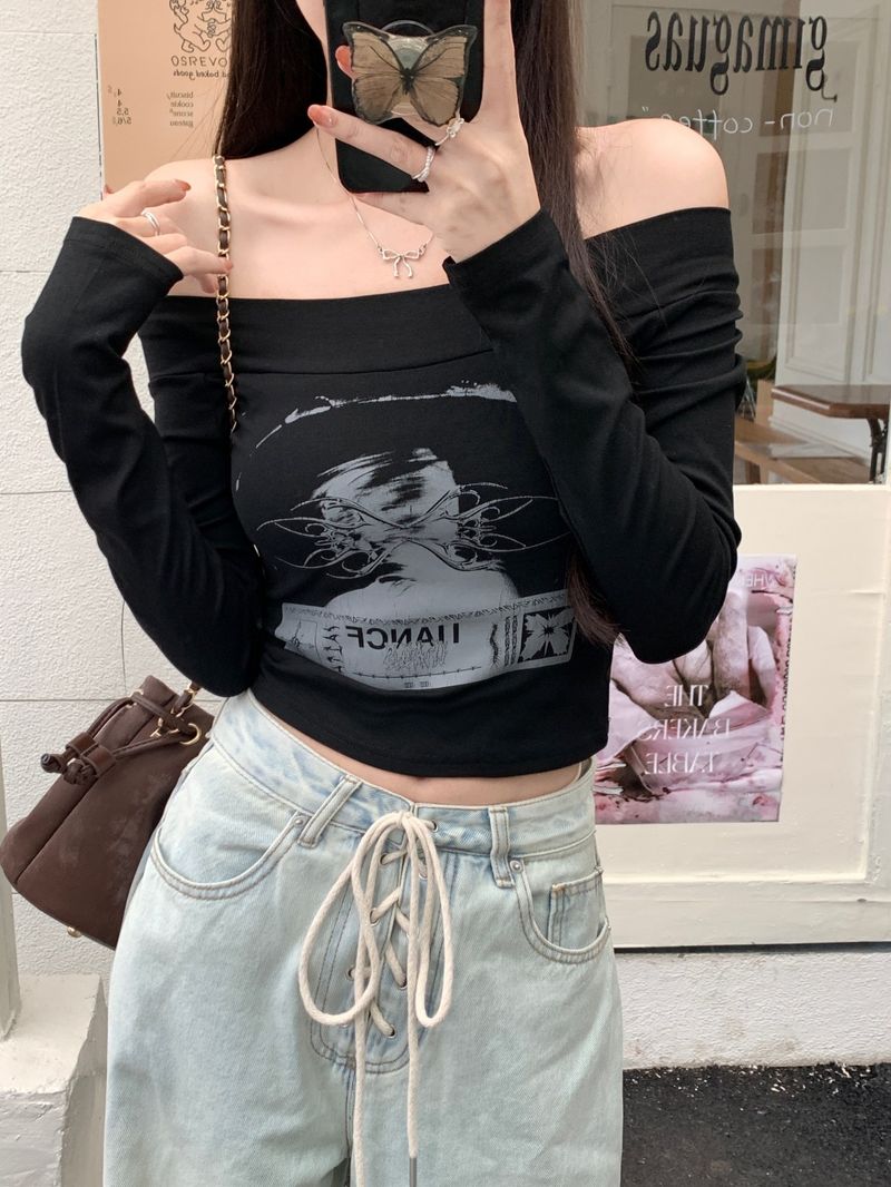 505 # 40 count T-shirt a maniche lunghe in puro cotone autunno 2024 per donna con stampa monocollo_voghion.com