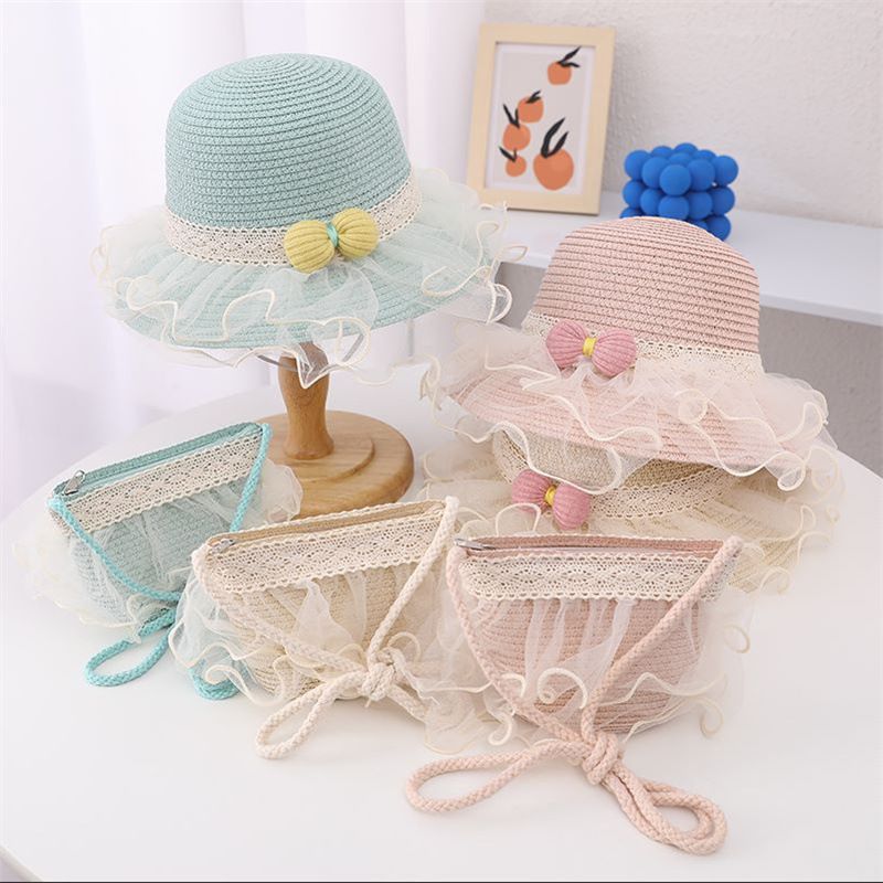 Set di borse di paglia per bambini, parasole per donne, protezione solare, cappello da spiaggia in rete, estivo da principessa_voghion.com