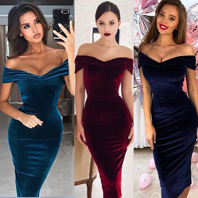 2024 New Temperament Commuter Women's One Neck Off Shoulder Gold Velvet Dress_voghion.com