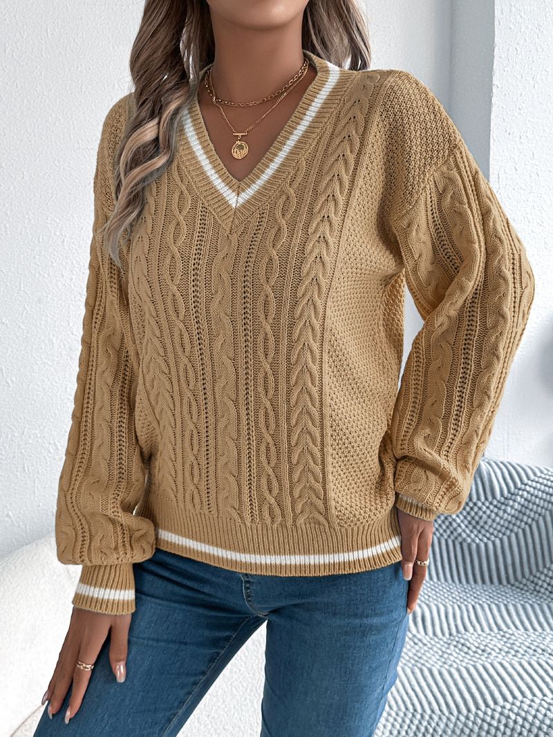 Maglione a maniche lunghe in maglia a trecce con scollo a V, stile college, autunno inverno 2025, moda donna_voghion.com