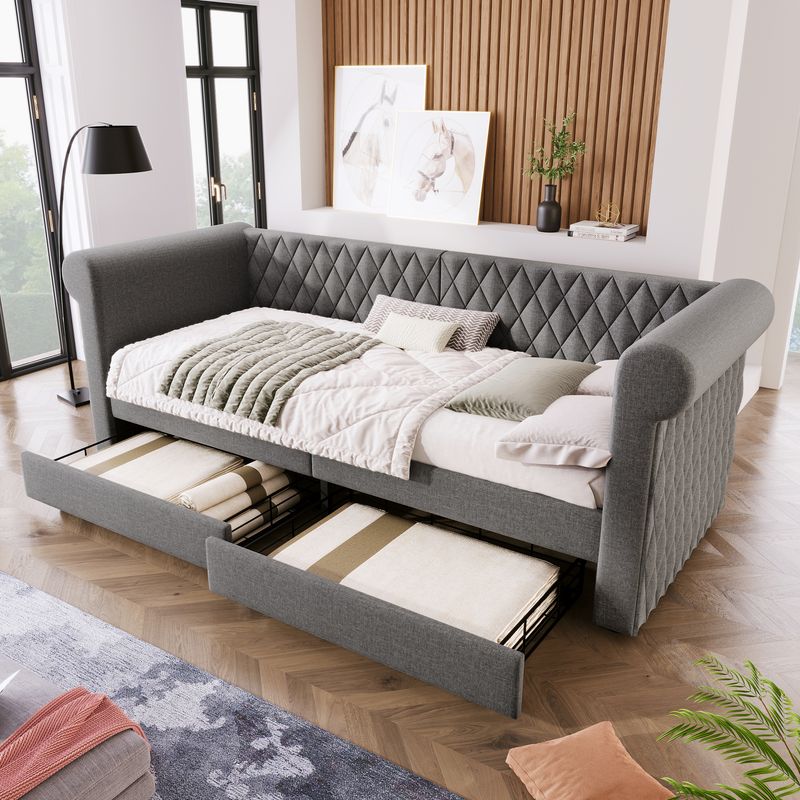Canapé-lit vintage capitonné 90 x 200 cm, méridienne avec 2 tiroirs de rangement, sommier à lattes en bois, cadre de lit enfant et adolescent, tissu lin, gris (matelas non inclus)_voghion.com