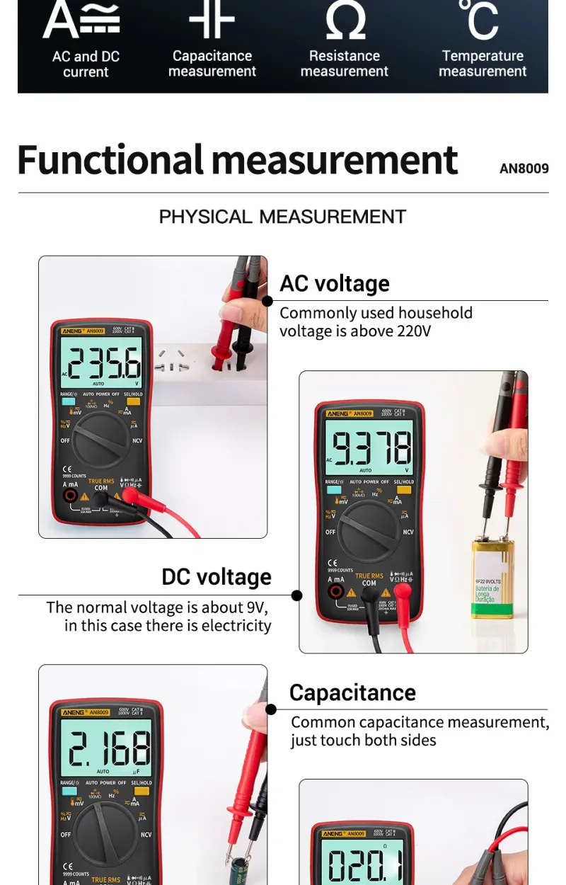 ANENG AN8009 Digital Multimeter Transistor Testers Capacitor True-RMS Tester Automotive Electrical Capacitance Meter Temp Diode_voghion.com