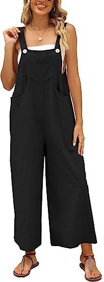 Women's clothing Sleeveless Cotton and Linen Overalls Adjustable Straps Wide Leg Jumpsuit with Pockets_voghion.com