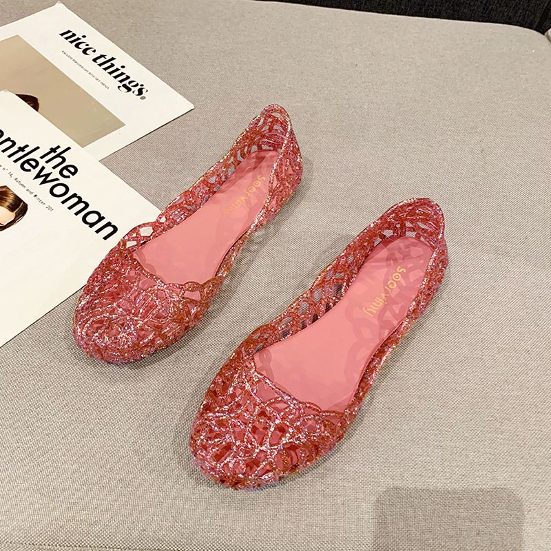 Sandali con punta cava, scarpe estive da ballo in gelatina con cristalli scintillanti, suola piatta e morbida, scarpe da spiaggia traforate per donna_voghion.com