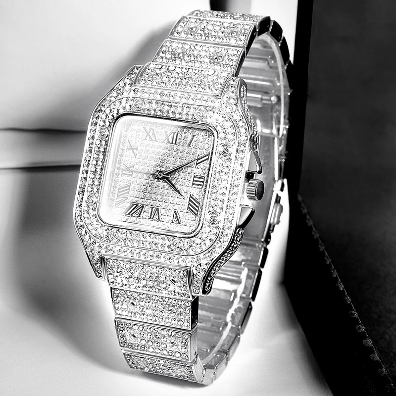 Relógio dourado cor hip hop miami curb corrente cubana gelo pavimentado strass bling rapper colar + relógio + pulseira joias_voghion.com