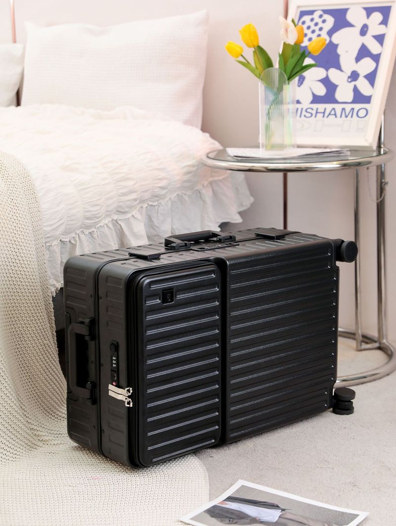 Valigia rigida con telaio in alluminio, porta di ricarica USB, portabicchieri, valigia da viaggio girevole, bagaglio a mano e da stiva, lucchetto TSA, materiale ABS+PC resistente_voghion.com