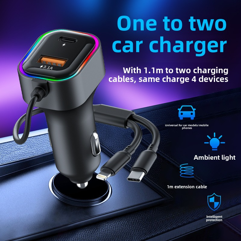 USB Eins Zu Zwei Mit Kabel Ladegerät, Multifunktionale Auto Telefon Ladegerät_voghion.com