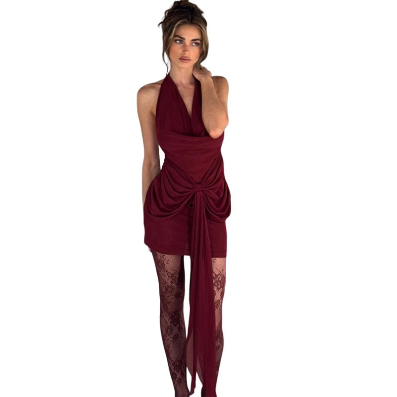 Vento 2025 Novo Vestido Feminino Sexy Decote em V Profundo Cor Sólida Temperamento Pendurado Pescoço Bolsa de Emagrecimento Quadril Para Mulheres_voghion.com