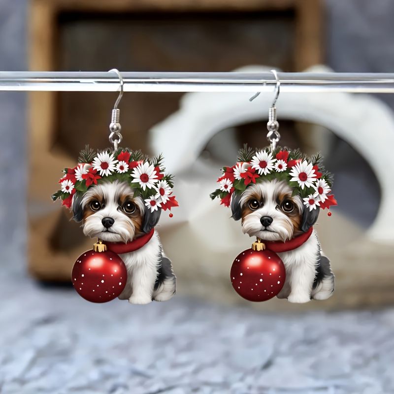 Les boucles d'oreilles en acrylique pour chien de Noël avec guirlandes de fleurs sont le cadeau idéal pour les passionnés d'animaux, les femmes et les adolescents_voghion.com