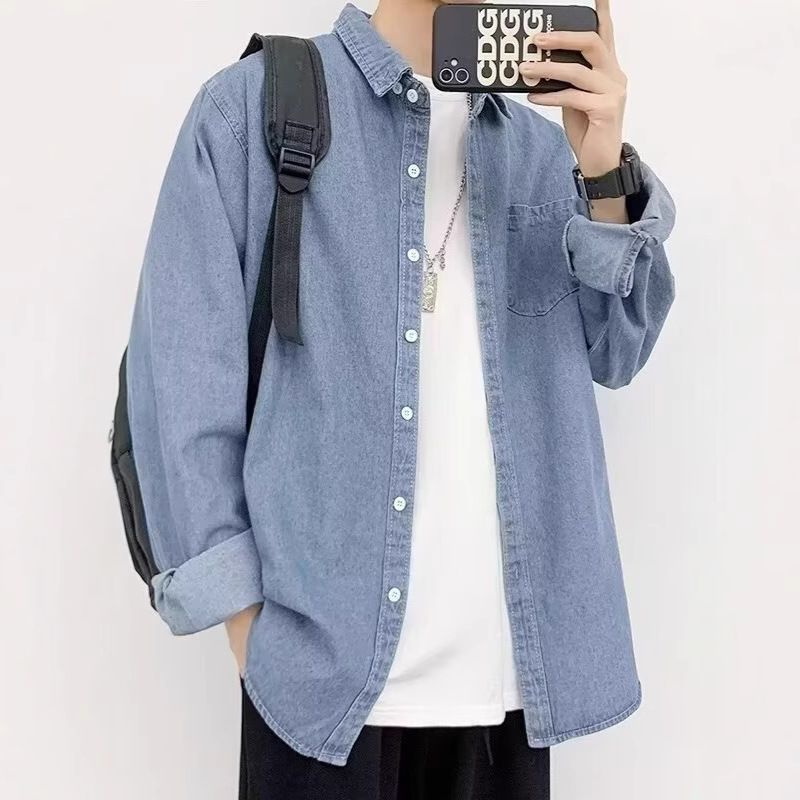 Camicia da lavoro a maniche lunghe in denim lavato da uomo, nuova tendenza primavera-autunno, casual, versatile ed elegante._voghion.com
