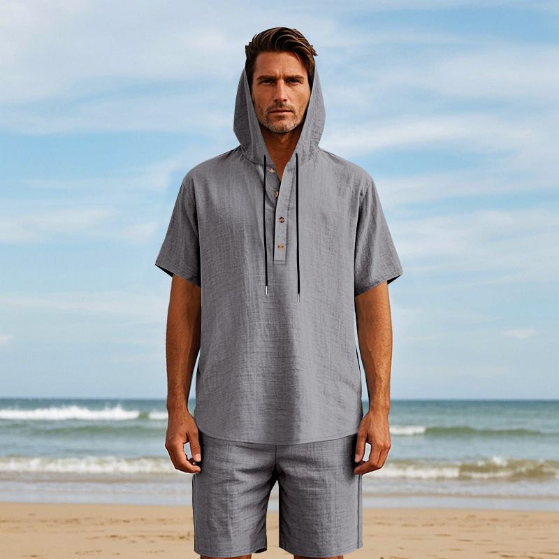 Completo da uomo in lino con camicia e pantaloncini - Completo casual estivo da spiaggia a maniche corte con vestibilità ampia_voghion.com