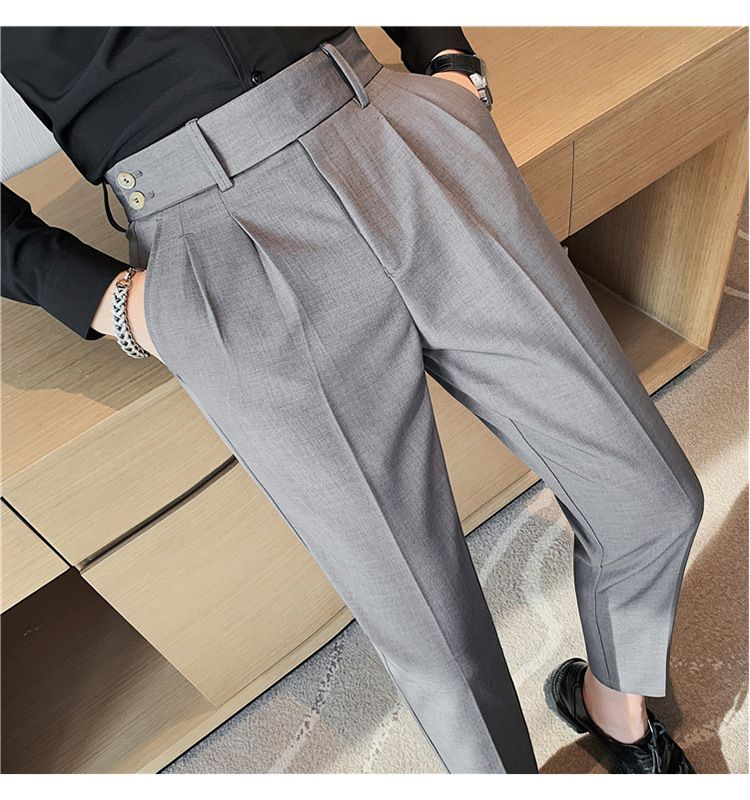 Pantaloni napoletani da uomo nuovi di zecca, in twill strutturato, con vita a pieghe, design casual a nove punte, vita media e alta_voghion.com