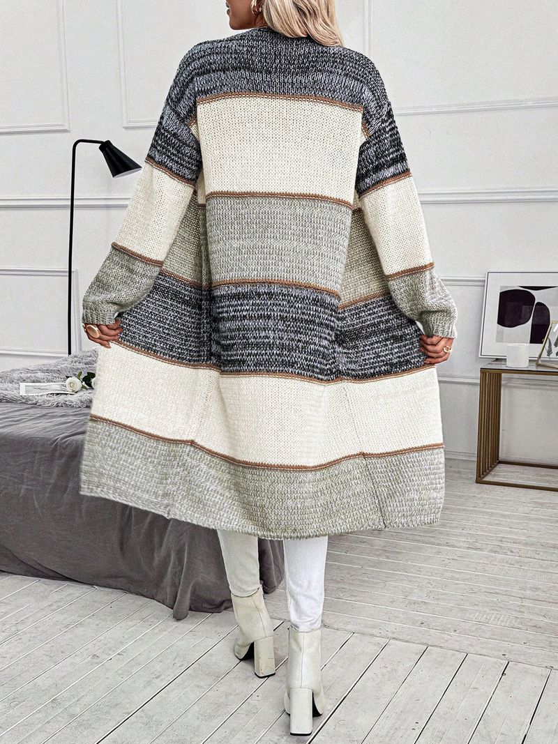 Women's Longline V-Neck Cardigan - Stripe & Color-Block Open Front Knit Sweater (Gray)_voghion.com