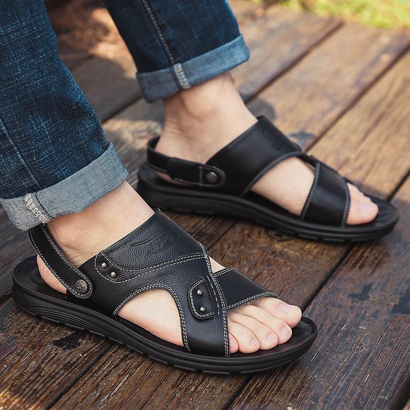 Herren Echtleder Sommer Casual Strandschuhe, Rindsleder Sandalen, Herren rutschfeste Hausschuhe 3027_voghion.com