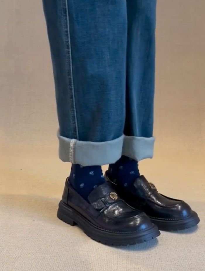 Versione in pelle di mucca ~ Mocassini con tacco spesso Camellia da donna, autentici, stile retrò slip-on, con plateau, in pelle piccola_voghion.com