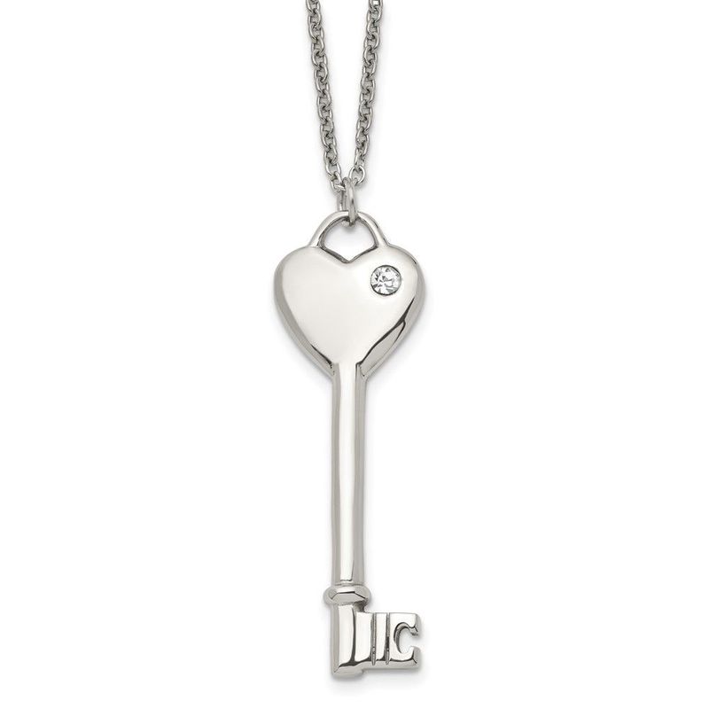 Chisel Stainless Steel Polished With CZ Heart Key Pendant On A 20 Inch Cable Chain Necklace_voghion.com