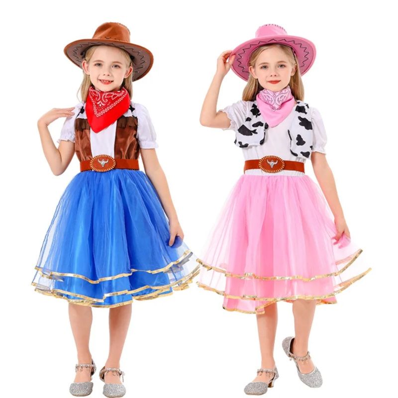 Costume da cowgirl occidentale per bambini, vestito, cappello, cintura, sciarpa, set completo, vestito da cowgirl, costume da gioco, abito da festa di carnevale di Halloween_voghion.com
