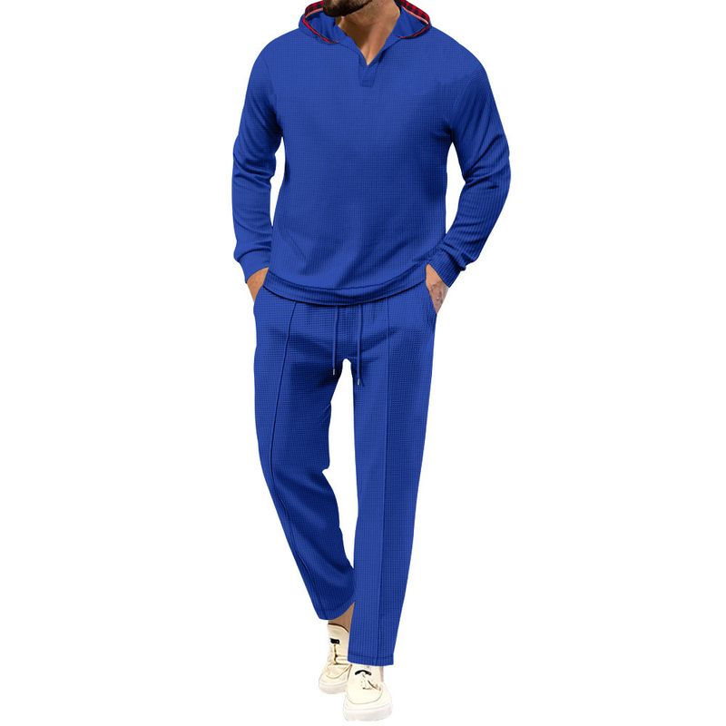 2024 Herbst Neue Herren Einfarbig Anzug Waffel Kapuze Ärmel Lange Hosen Set_voghion.com