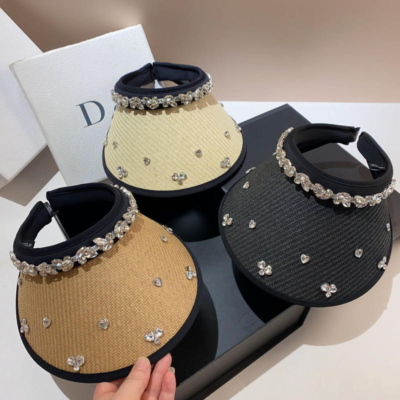 Summer new style empty top for women, French socialite Feng Shui diamond hat, outdoor black rubber UV resistant sun hat_voghion.com