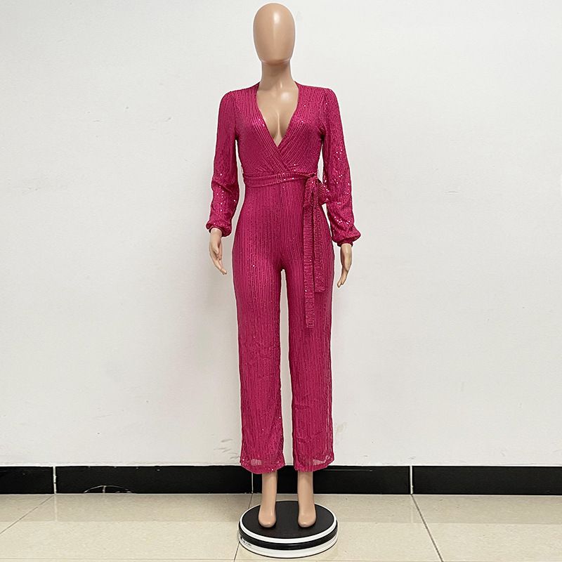 Damkläder Ins Style Deep V Mode Casual Jumpsuit Långärmat Bälte Paljett Jumpsuit Dam_voghion.com