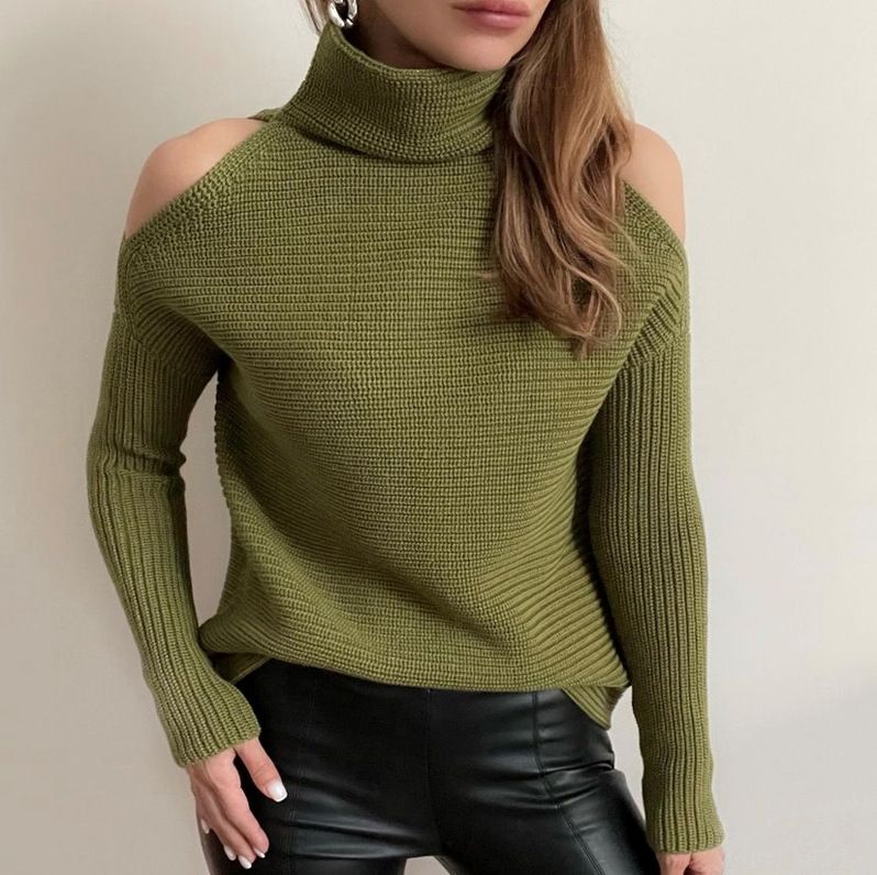 New Style 2023 Autumn Winter High Neck Shoulder Hollow Design Loose Off-Shoulder Sweater Unique Knitted Top_voghion.com