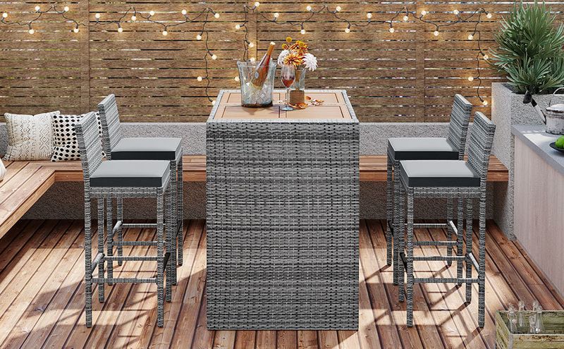 5-pieces Outdoor Patio Wicker Bar Set, Bar Height Chairs With Non-Slip Feet And Fixed Rope, Removable Cushion, Acacia Wood Table Top_voghion.com