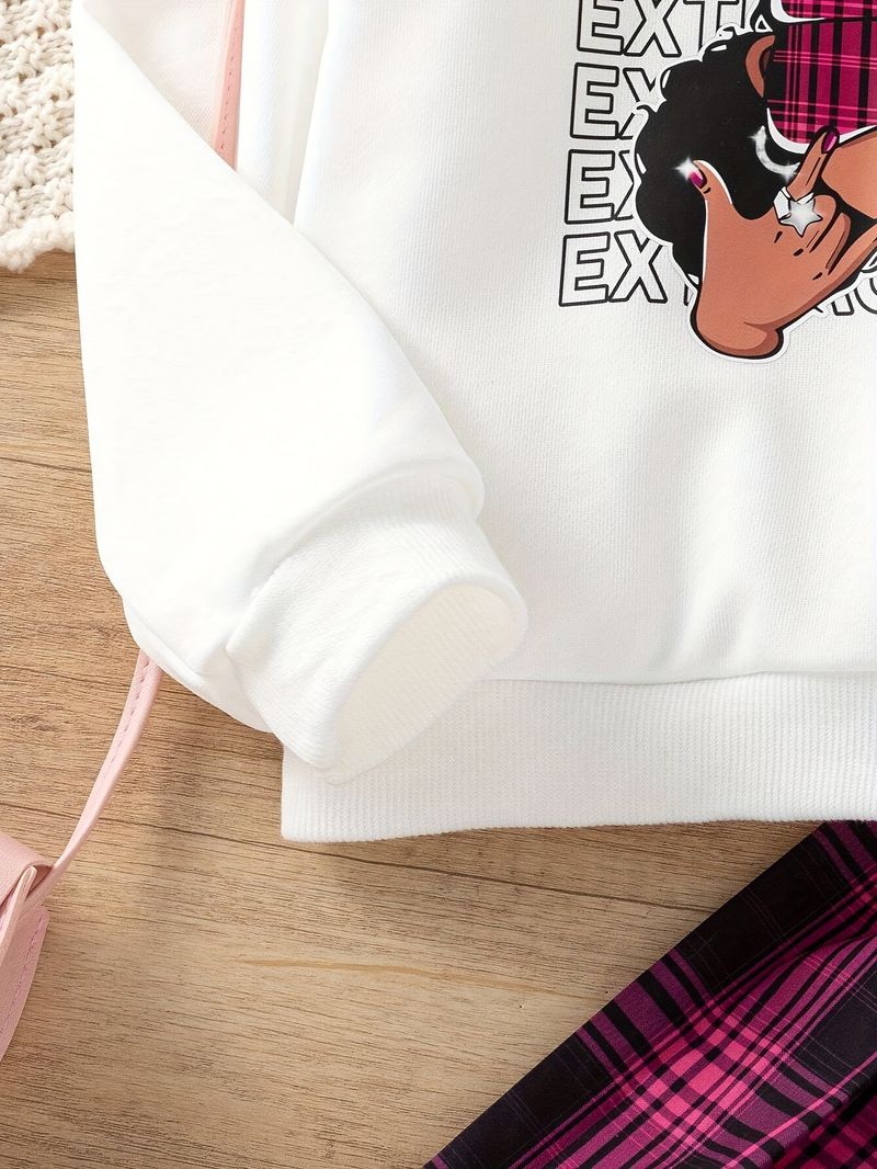 Mutter & Kinder INS Cool Girl Druckmuster Mittlere und große Kinder Mädchen Plaid Rock Rundhals Pullover Anzug_voghion.com