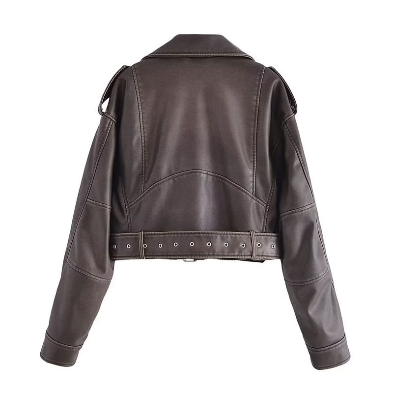 Damen-Bikerjacke aus Kunstleder – Slim Fit Kurzmantel mit Gürtel, V-Ausschnitt, langen Ärmeln (Weiß, Schwarz, Grau, Armeegrün, Dunkelbraun)_voghion.com