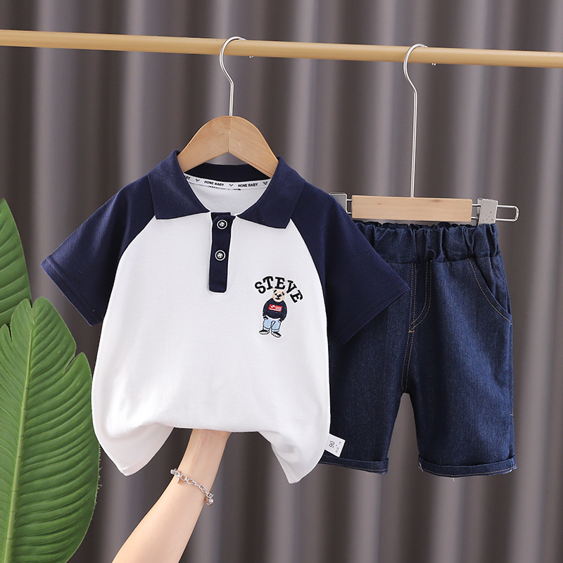 Set di magliette con risvolto per bambini Polo da 0 a 5 anni, pantaloncini in denim a maniche corte, cartone animato estivo_voghion.com