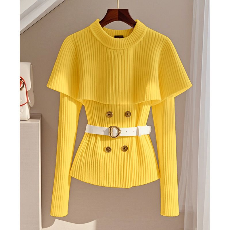 Women's Clothing White Knitted Top Temperament Lady High End Cloak Shawl Waist Soft Waxy Sweater Early Autumn_voghion.com