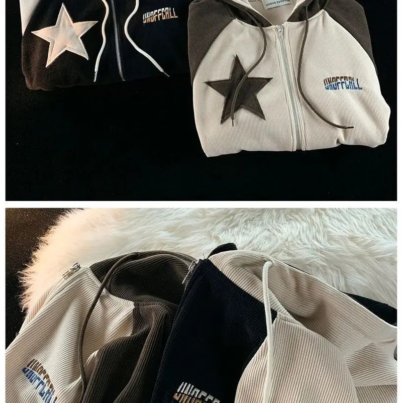 Giacca unisex Y2K con cappuccio e cerniera patchwork a stelle in velluto a coste retrò da uomo e da donna, colore nero/marrone (taglie dalla M alla XXL)_voghion.com