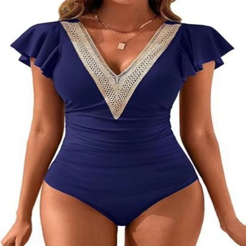 Naisten vaatteet, naisten muoti, huippuluokan seksikäs haalari, yksivärinen, pitsikauluksella varustettu, liitososainen uimapuku_voghion.com