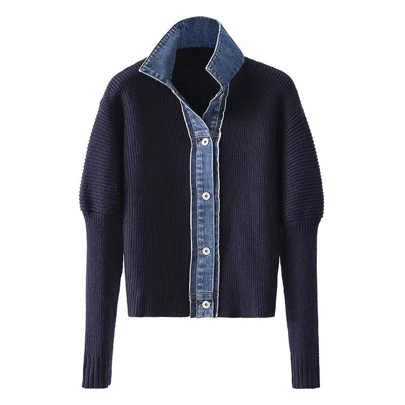Damenbekleidung Lazy Style Pullover Damen Strickjacke Jacke Koreanische Version Lose Denim Spleißen Strickjacke Oberbekleidung Polokragen Top_voghion.com