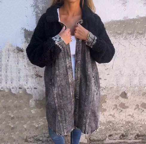 Damenbekleidung Herbst Denim Splicing Pelzmantel Hemd Lose Langarm Top Jeanshemd_voghion.com