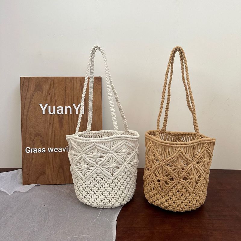 Borsa estiva nuova in tessuto intrecciato a mano in cotone, secchiello artistico cavo per donna, borsa a tracolla semplice e alla moda_voghion.com