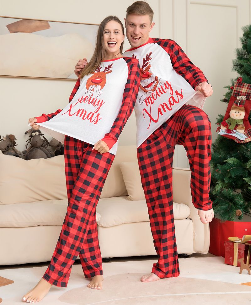 Independent Station Christmas Parent Child Set Cross Border Deer Letter Print Red Plaid Home Clothes Pajamas Soft Cute_voghion.com