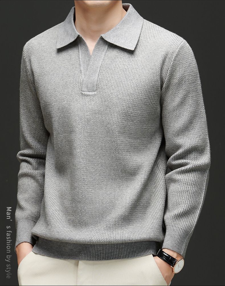 Maglione da uomo con scollo a V e fondo in maglia, versione coreana, polo larga, abbigliamento da uomo_voghion.com