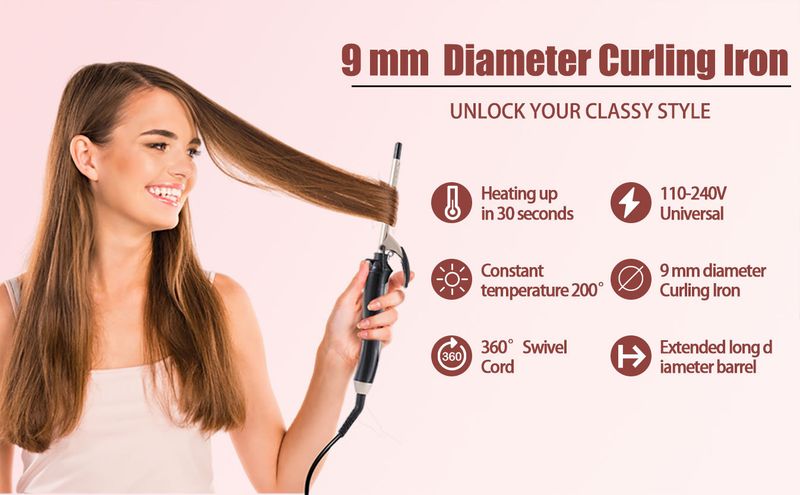 Micro ferro arricciacapelli da 9 mm, cilindro in ceramica per ricci e onde stretti, clip fissa, 30 impostazioni di calore, cavo girevole a 360°, strumento professionale per lo styling dei capelli_voghion.com