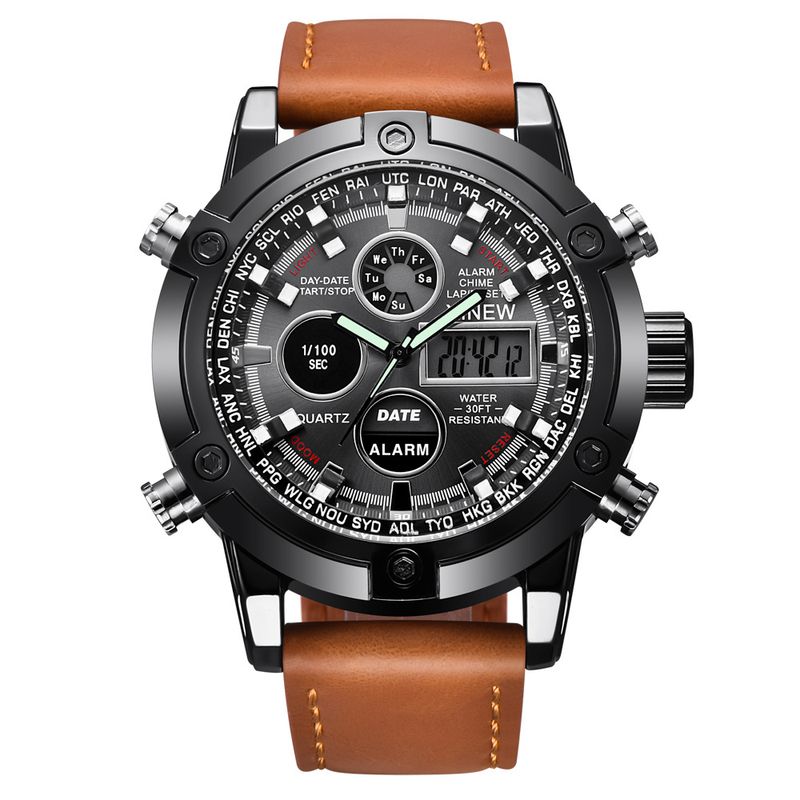 Men's Sport Watch With Analog-Digital Display, GMT Function, Date & Week Indicator, Luminous Hands, PU Leather Strap, Alloy Case_voghion.com