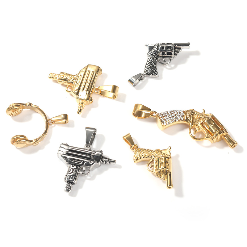 Herren-Hip-Hop-Halskette mit Pistolenanhänger aus Edelstahl – kubanische Kette mit kantigem geometrischem Design für Freizeit- und Streetwear-Modepulloverkette, passender Schmuck_voghion.com