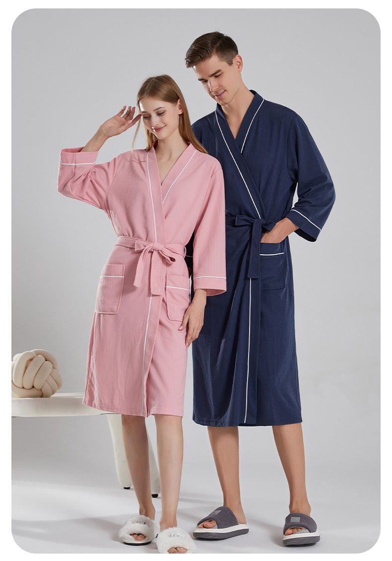 Bata de baño ultrasuave con tejido gofrado para mujer y hombre: bata de spa ligera de manga larga, de secado rápido, cómoda y para estar en casa._voghion.com