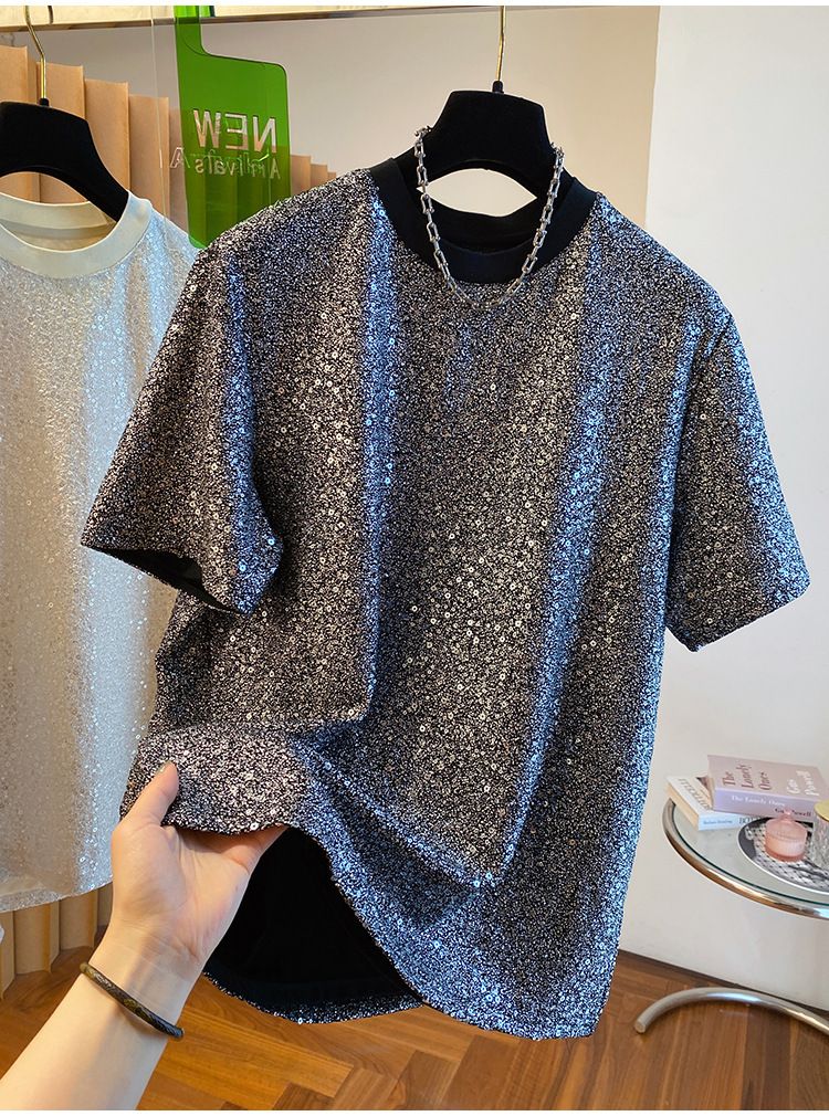 2024 New Loose European Style Sequin Shiny Silk T-Shirt Men's Short Sleeve Unique Chic Design Handsome Top_voghion.com