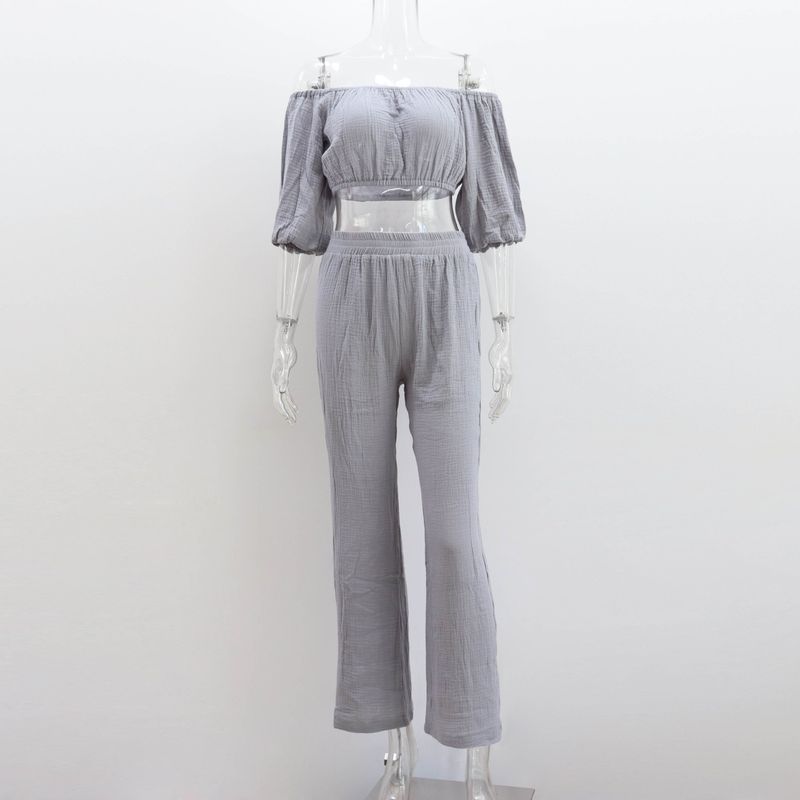 Damen-Knitterstoff aus reiner Baumwolle, einfarbig, kurzärmliges Oberteil mit Kragen, Hose mit hoher Taille und weitem Bein, lässiger Anzug_voghion.com