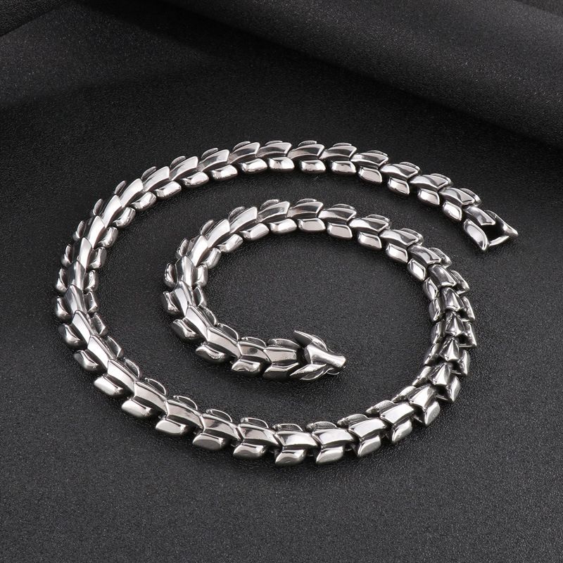 Set di collana e bracciale in acciaio al titanio con scaglie di drago da uomo - Elegante catena unisex con esclusivo design a forma di drago, placcata sottovuoto in vari colori_voghion.com