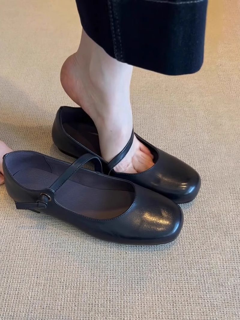 Lancui~ Brown Simple Flat Mary Jane Shoes For Women French Style One Strap Shallow Mouth Versatile Ballet Flats_voghion.com