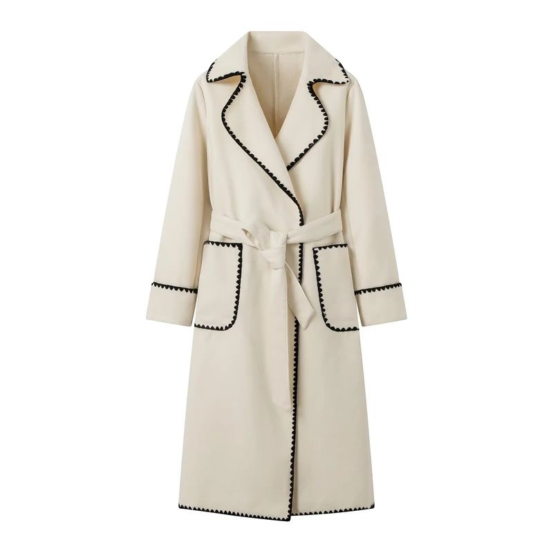 Damenbekleidung Herbst und Winter beliebter warmer langärmeliger Revers-Damen-Wollmantel mit Schnürung_voghion.com
