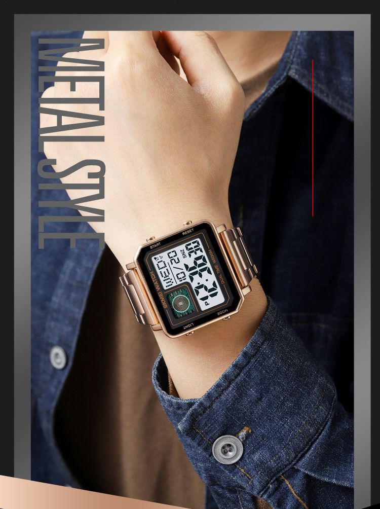 SKMEI 2033 Orologio elettronico rettangolare da uomo in metallo, digitale, impermeabile, con display LED, orologio da polso da uomo_voghion.com