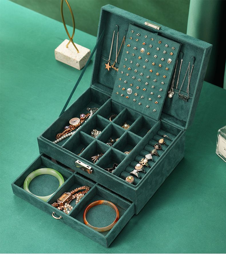 Vintage Velvet Jewelry Box With Multiple Layers - Large Capacity Storage For Rings, Necklaces & Earrings - Elegant Dark Green Cloth Organizer_voghion.com