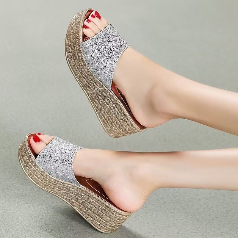 2025 Summer New Flat Sandals Women's Thick Sole High Heel Fish Mouth Sequin Slippers Factory Goods Direct_voghion.com