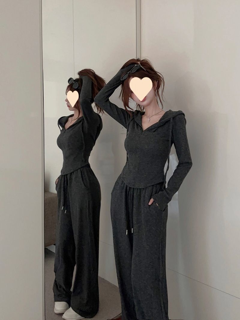 ActiveGo 2024 Autumn Women's Sports Casual Hoodie French Simple Short Top Wide-Leg Pants Two-Piece Set_voghion.com